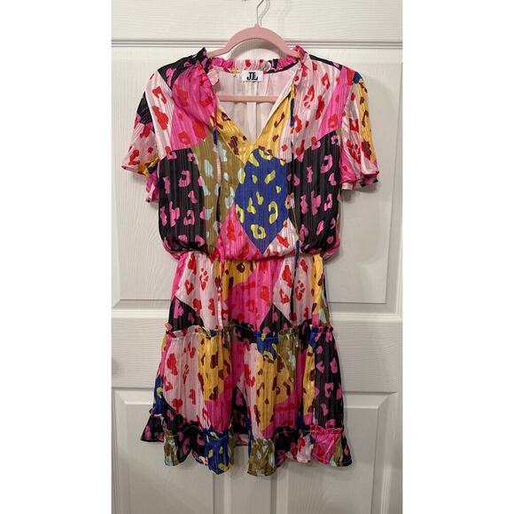 J Lee Chic Rose Leopard Print Multicolor Short Sleeve Dress, M - Picture 1 of 6
